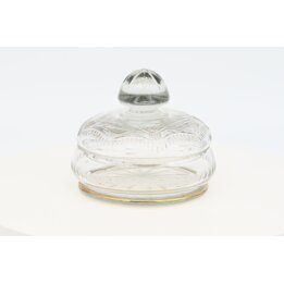 Bonbonnière in vetro pressato dorato XIX secolo - Portagioie antico in cristallo trasparente con coperchio