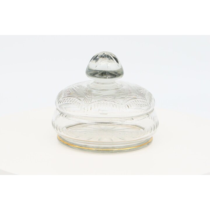 Bonbonnière en verre pressé doré XIXe siècle - Boîte à bijoux antique en cristal avec couvercle