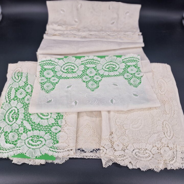 Bedlinnenset: linnen, Jaren 1920, MCS, Art deco, Handgemaakte kloskant