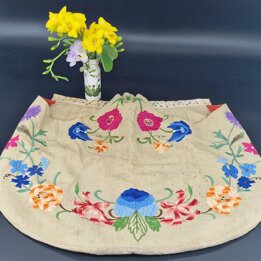 Bolsa de lino bordada, Década de 1950, motivo floral, Bordado a mano