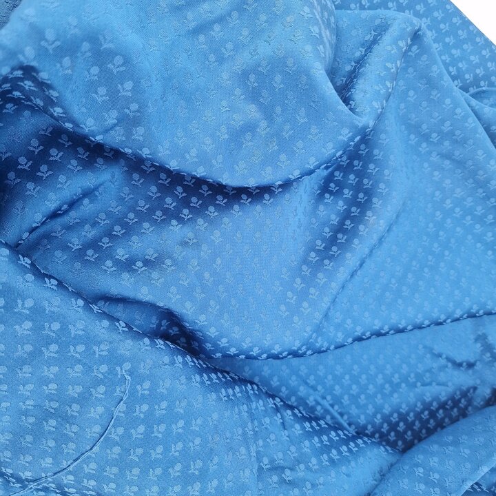 Tela vintage, Finales del siglo XX, Azul aciano, jacquard floral tonal, 140 cm