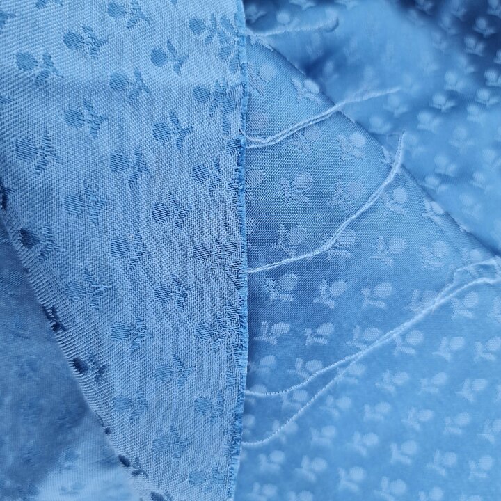 Tela vintage, Finales del siglo XX, Azul aciano, jacquard floral tonal, 140 cm