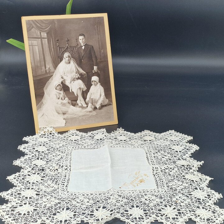 Antique Sol Lace Handkerchief Named "Mercedes" Fine Linen Wedding Handkerchief 33cm Handmade Tenerife Lace Spanish Heirloom 1920