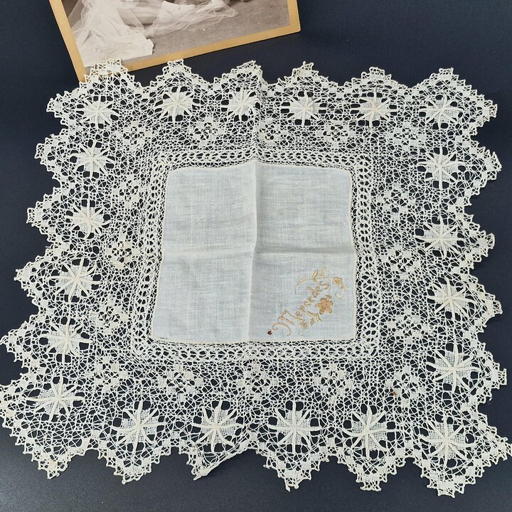 Antique Sol Lace Handkerchief Named "Mercedes" Fine Linen Wedding Handkerchief 33cm Handmade Tenerife Lace Spanish Heirloom 1920