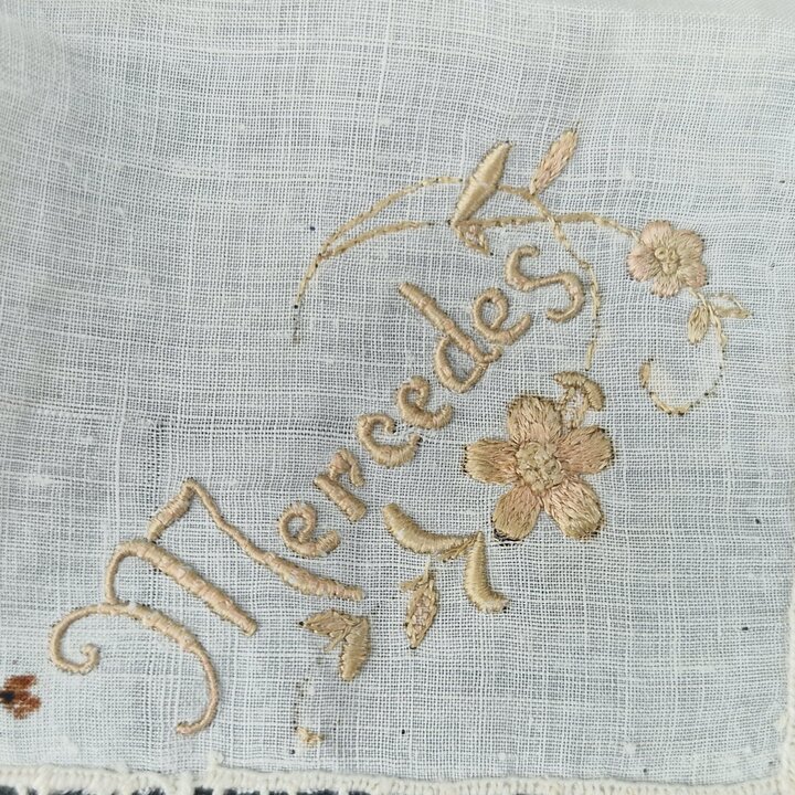 Antique Sol Lace Handkerchief Named "Mercedes" Fine Linen Wedding Handkerchief 33cm Handmade Tenerife Lace Spanish Heirloom 1920