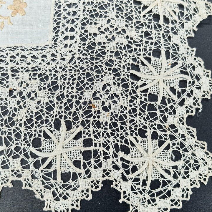 Antique Sol Lace Handkerchief Named "Mercedes" Fine Linen Wedding Handkerchief 33cm Handmade Tenerife Lace Spanish Heirloom 1920