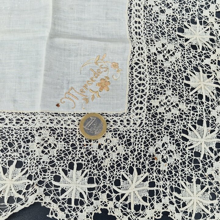 Antique Sol Lace Handkerchief Named "Mercedes" Fine Linen Wedding Handkerchief 33cm Handmade Tenerife Lace Spanish Heirloom 1920