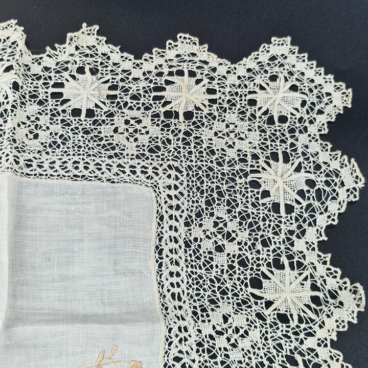 Antique Sol Lace Handkerchief Named "Mercedes" Fine Linen Wedding Handkerchief 33cm Handmade Tenerife Lace Spanish Heirloom 1920