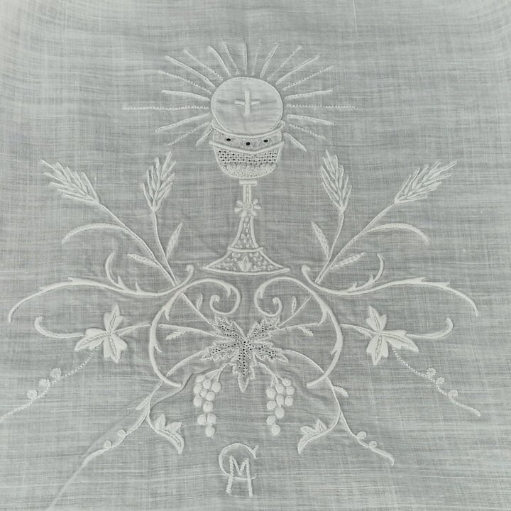 Antique embroidery Handmade religious embroidery - White embroidery is an antique cloth for baptism or first communion.
