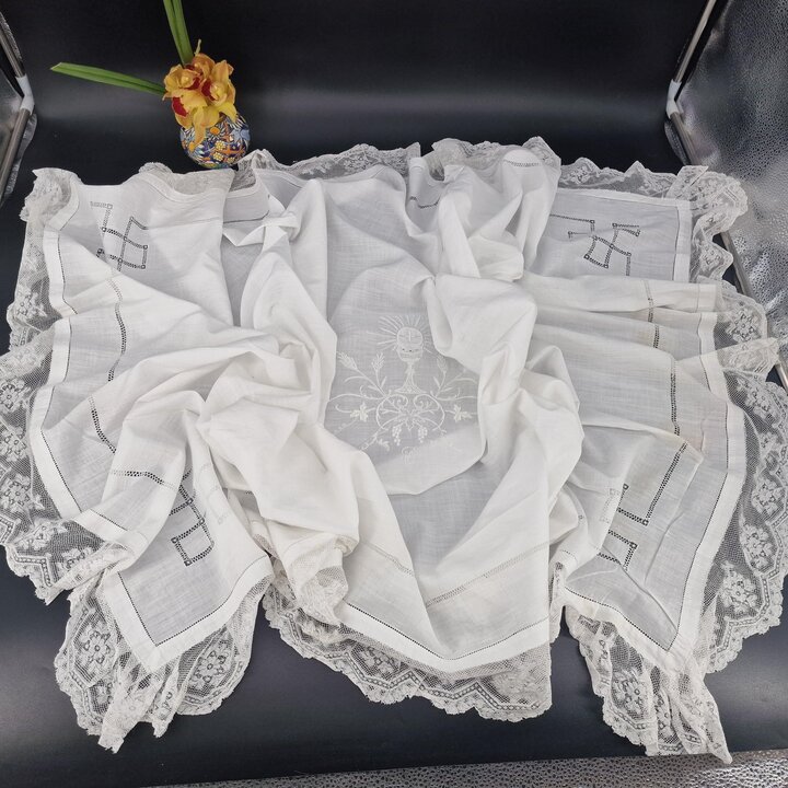 Antique embroidery Handmade religious embroidery - White embroidery is an antique cloth for baptism or first communion.