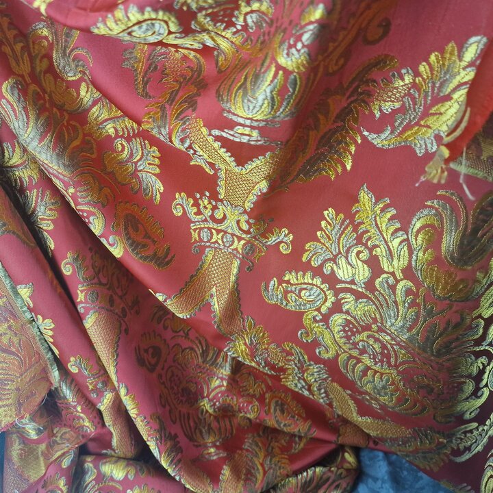 Vintage Valencian Silk and Viscose Jacquard Fabric - Red and Gold Damask Textile Fragment
