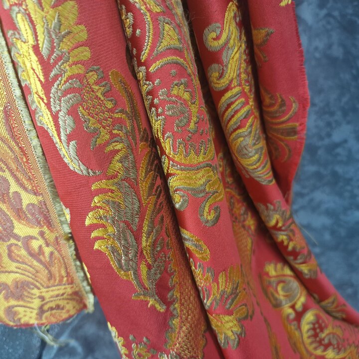 Vintage Valencian Silk and Viscose Jacquard Fabric - Red and Gold Damask Textile Fragment