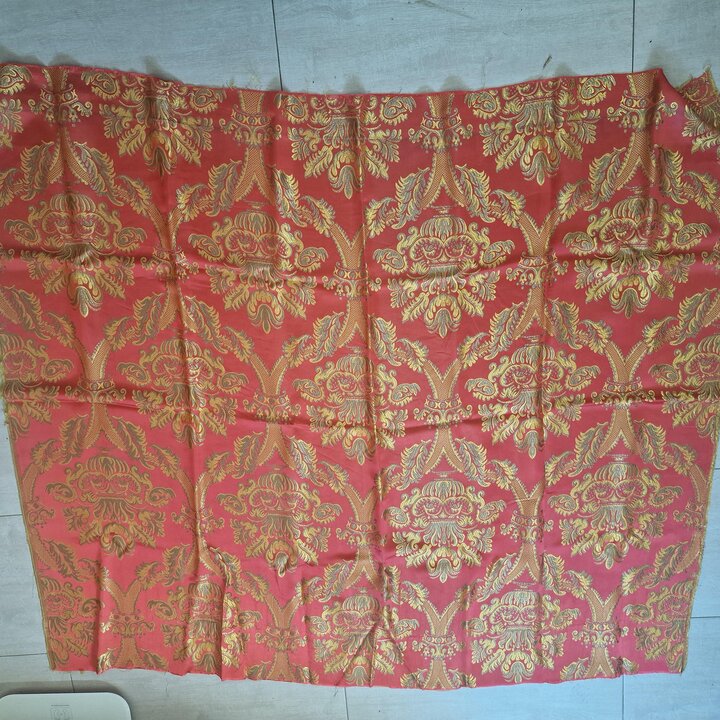 Vintage Valencian Silk and Viscose Jacquard Fabric - Red and Gold Damask Textile Fragment