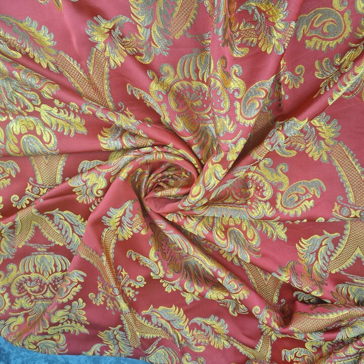 Vintage Valencian Silk and Viscose Jacquard Fabric - Red and Gold Damask Textile Fragment