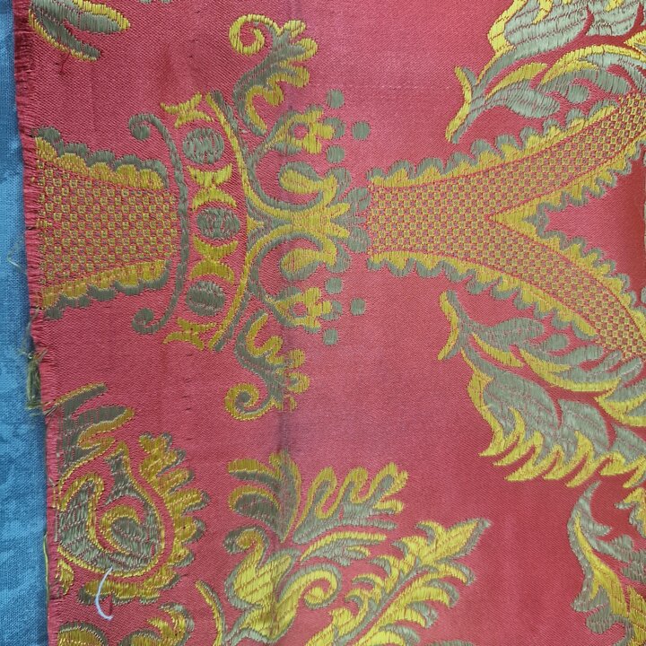 Vintage Valencian Silk and Viscose Jacquard Fabric - Red and Gold Damask Textile Fragment
