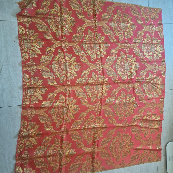 Vintage Valencian Silk and Viscose Jacquard Fabric - Red and Gold Damask Textile Fragment
