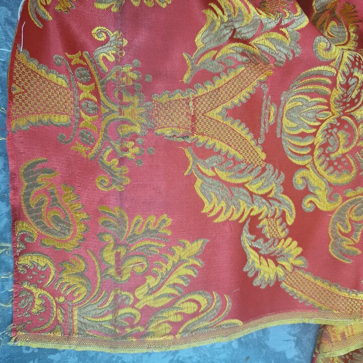 Vintage Valencian Silk and Viscose Jacquard Fabric - Red and Gold Damask Textile Fragment