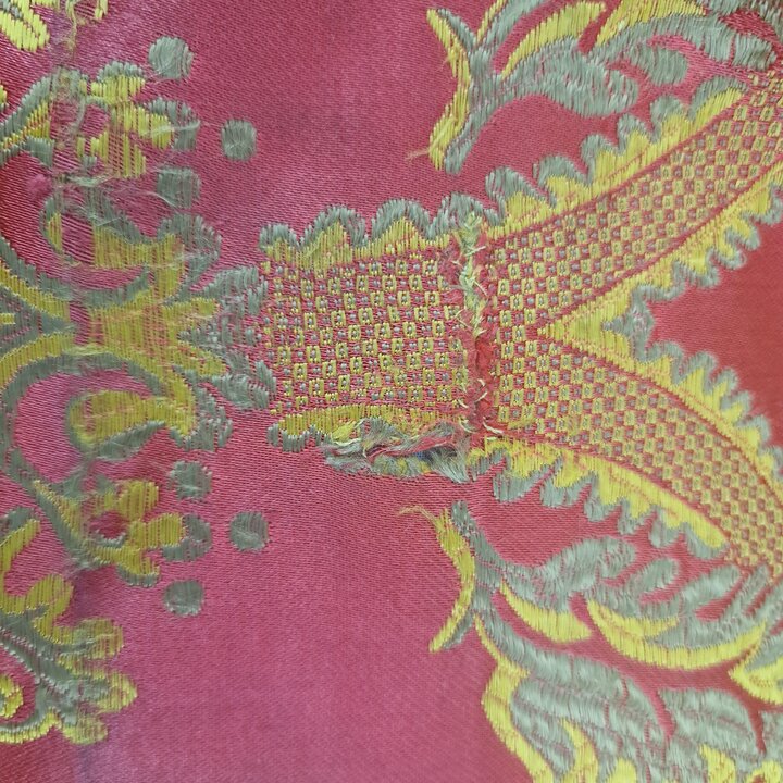 Vintage Valencian Silk and Viscose Jacquard Fabric - Red and Gold Damask Textile Fragment