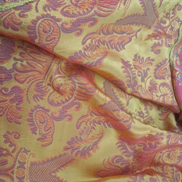Vintage Valencian Silk and Viscose Jacquard Fabric - Red and Gold Damask Textile Fragment