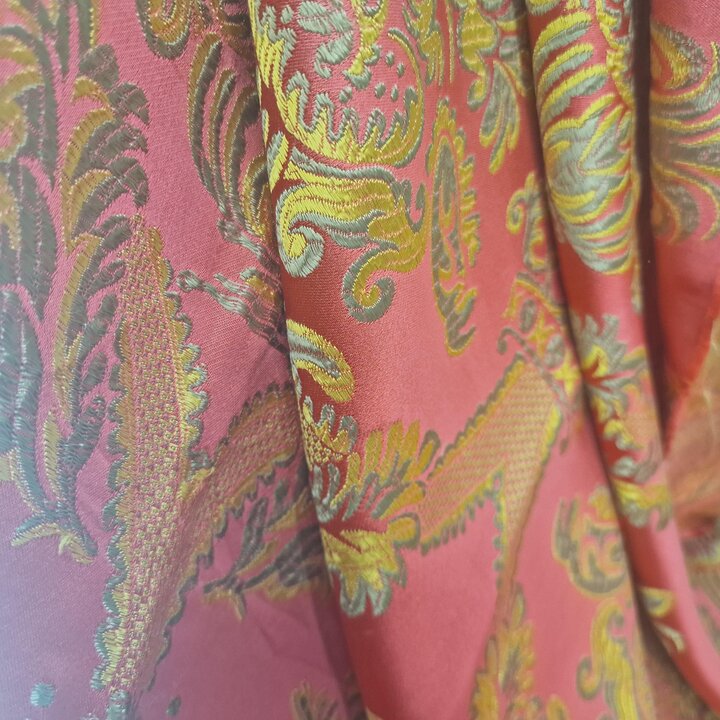 Vintage Valencian Silk and Viscose Jacquard Fabric - Red and Gold Damask Textile Fragment