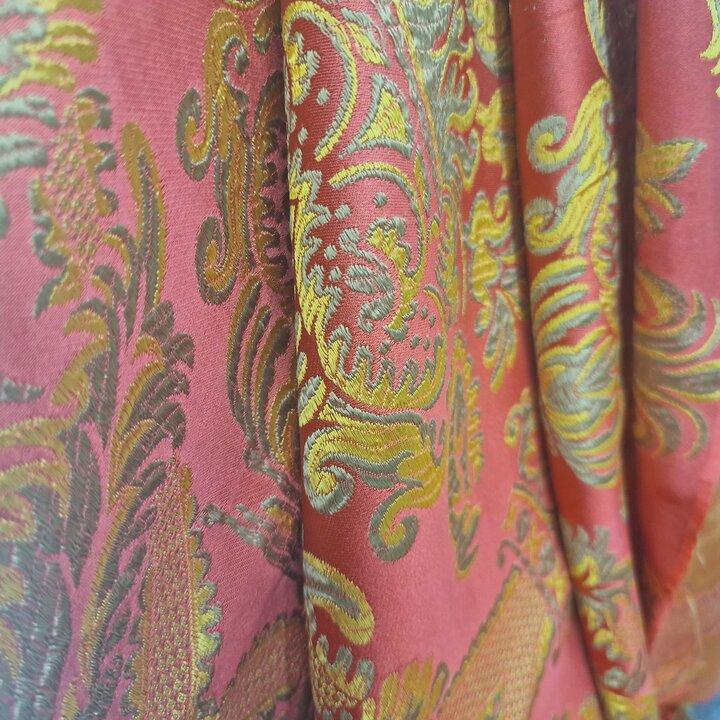 Vintage Valencian Silk and Viscose Jacquard Fabric - Red and Gold Damask Textile Fragment