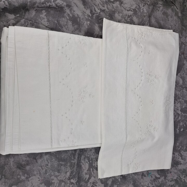 Ensemble de linge de lit: coton, Années 1950, MC, Drap, Taie de traversin