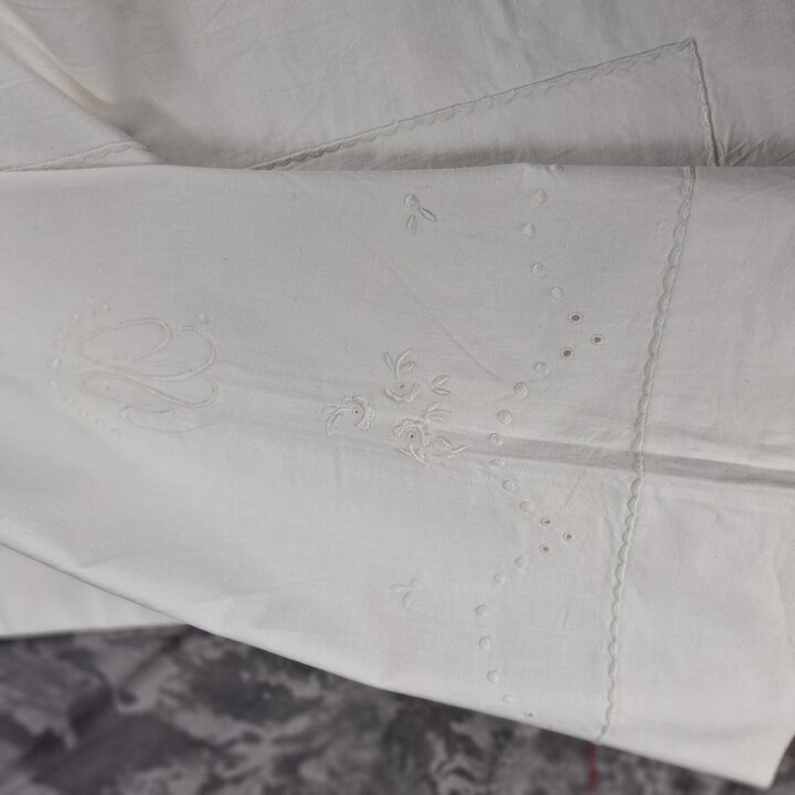 Ensemble de linge de lit: coton, Années 1950, MC, Drap, Taie de traversin