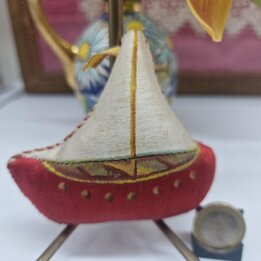 Vintage Embroidered Boat Pincushion, Mid-20th Century Sewing Accessory