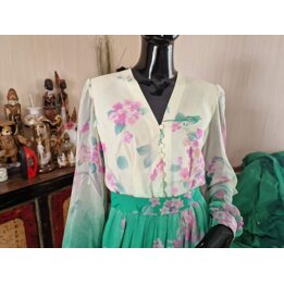 ヴィンテージ シルク マキシドレス ロングワンピース 1970年代 花柄 天然シルク スペイン オートクチュール サイズ XS バスト 82cm