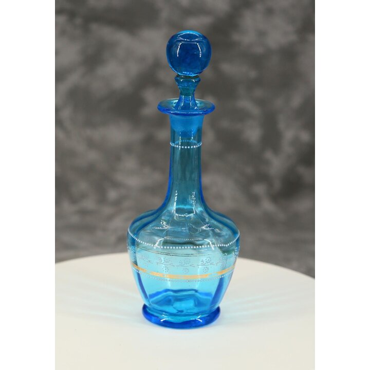 Böhmische blaue Glasflasche mit Gold und weißem Email 24 cm