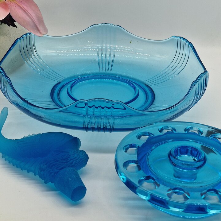 Centro de Mesa Art Déco Walther e Sohne Modelo Peixe Vidro Azul