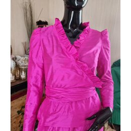 Robe Vintage en Soie - Ensemble 2 Pièces Blouse et Jupe Longue, Pilar Diez Madrid Haute Couture, Fuchsia Soie Sauvage, Taille XS