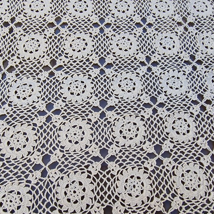 ヴィンテージ クロシェ テーブルクロス ベッドカバー 手編み レース かぎ針編み - 生成り コットン 240x310 cm - 1960年代 ミッドセンチュリー ボヘミアン レトロ デコレーション マルチカバー