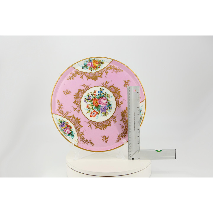19世紀 セーヴル様式 磁器飾り皿 32cm ポンパドールピンク