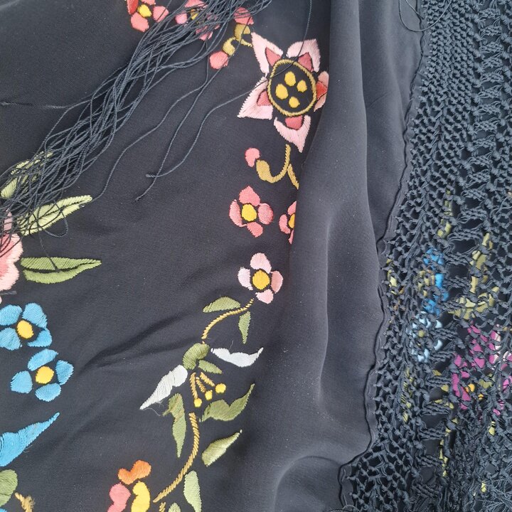 Mantón de Manila Vintage Bordado à Mão Viscose Meados Século XX