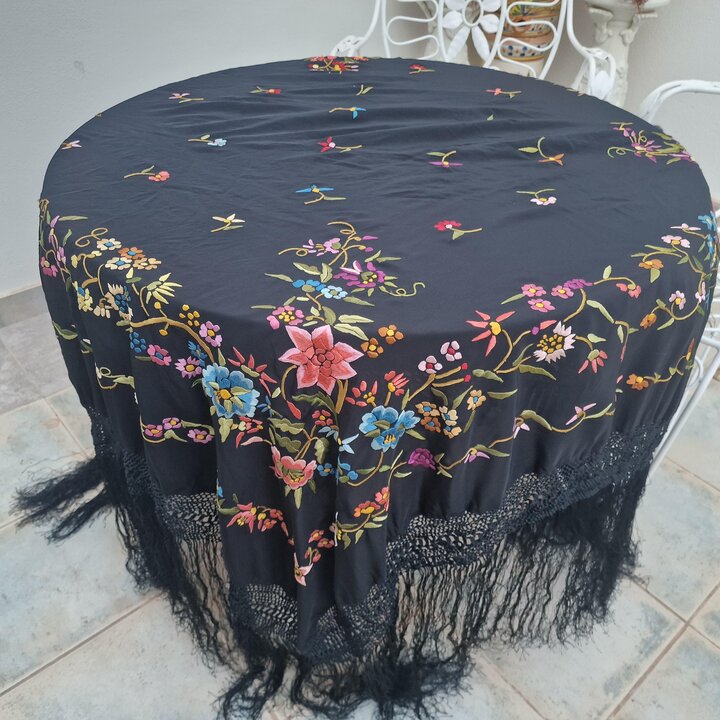 Mantón de Manila Vintage Bordado à Mão Viscose Meados Século XX