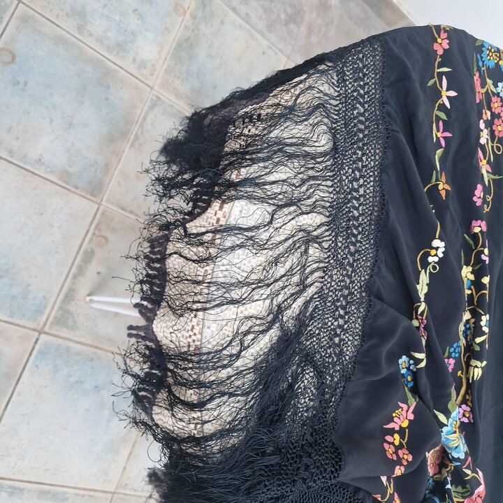 Mantón de Manila Vintage Bordado à Mão Viscose Meados Século XX