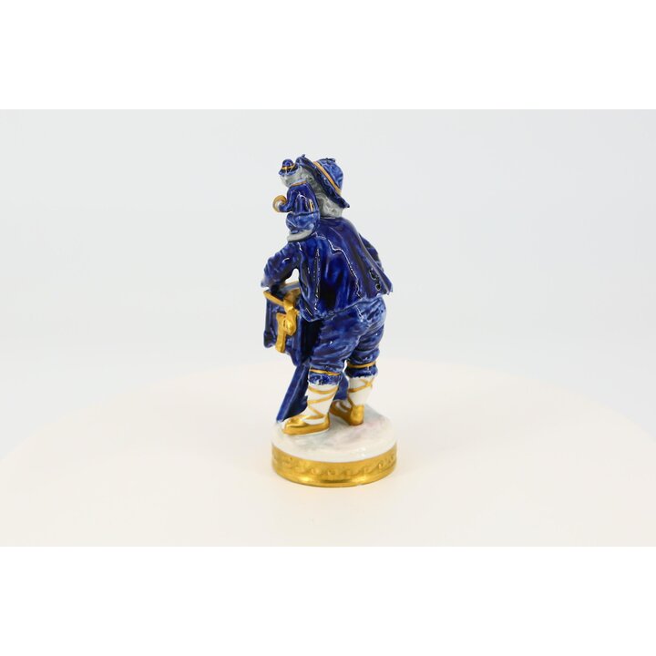 Estatueta Porcelana Volkstedt, Cerâmica Alemã Pintada à Mão Azul Cobalto e Ouro, Realejeiro com Macaco, Decoração de Vitrine Ant
