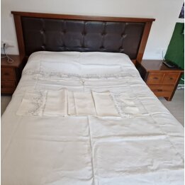 Parure de Lit Ancienne, Drap en Lin Lourd et Taie Brodés Main, Trousseau de Mariage Français XIXe, Dentelle et Jours d'Angle Col