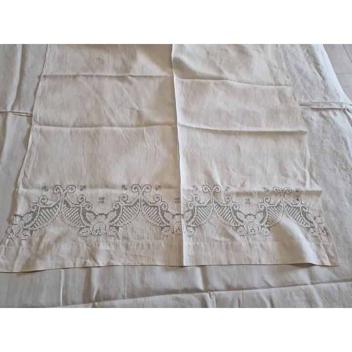 アンティーク フレンチベッドリネンセット 手刺繍 重厚な純リネンシーツと枕カバー 19世紀 フランス 花嫁の嫁入り道具 未使用 レースと手刺繍装飾