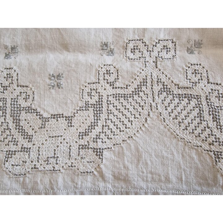 アンティーク フレンチベッドリネンセット 手刺繍 重厚な純リネンシーツと枕カバー 19世紀 フランス 花嫁の嫁入り道具 未使用 レースと手刺繍装飾