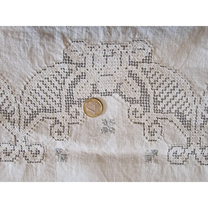 アンティーク フレンチベッドリネンセット 手刺繍 重厚な純リネンシーツと枕カバー 19世紀 フランス 花嫁の嫁入り道具 未使用 レースと手刺繍装飾