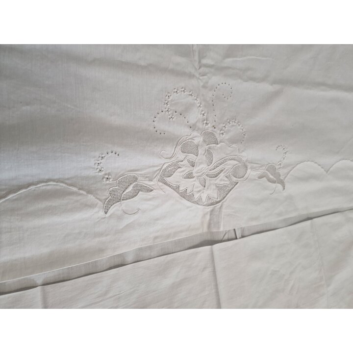 アンティーク フランス製 高級リネン製 ベッドリネン セット 1910年代 手編み ボビンレース と 手刺繍 リシュリュー カットワーク シーツ と 枕カバー 未使用 婚礼調度品 コレクション