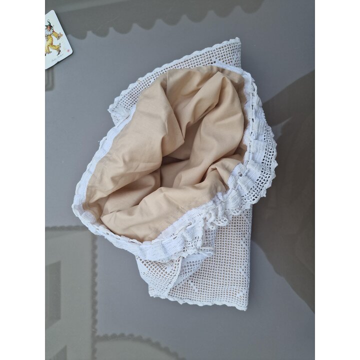 Vintage Hand Crocheted Bread Bag Drawstring Food Storage Sack Lined Kitchen Linen 50x35 cm