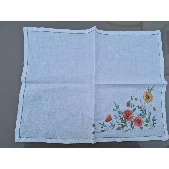 手刺繍ポピーのクロスステッチ リネンナプキン 2枚セット ヴィンテージ ランチョンマット 45x33 cm