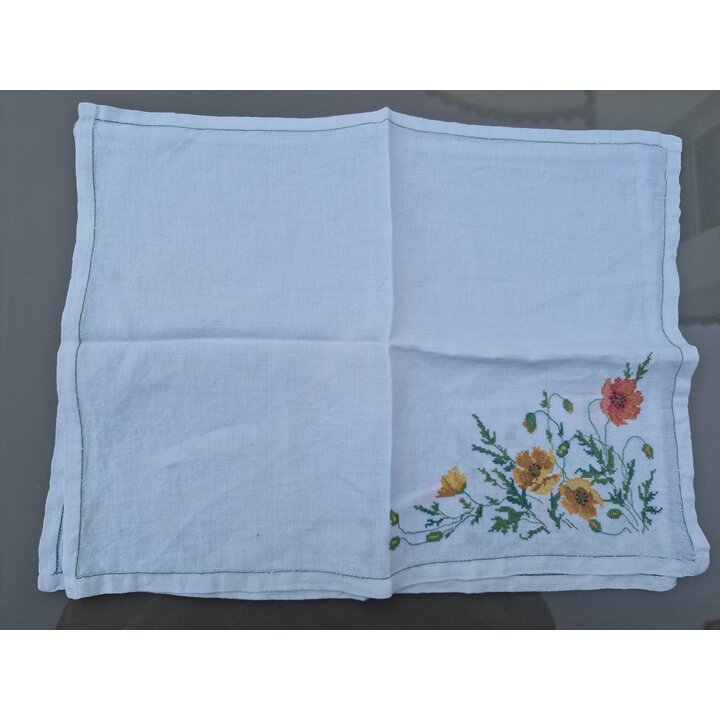 Servilletas de Lino con Bordado a Mano Punto de Cruz Amapolas, Manteles Individuales Vintage, Set de 2, 45x33 cm