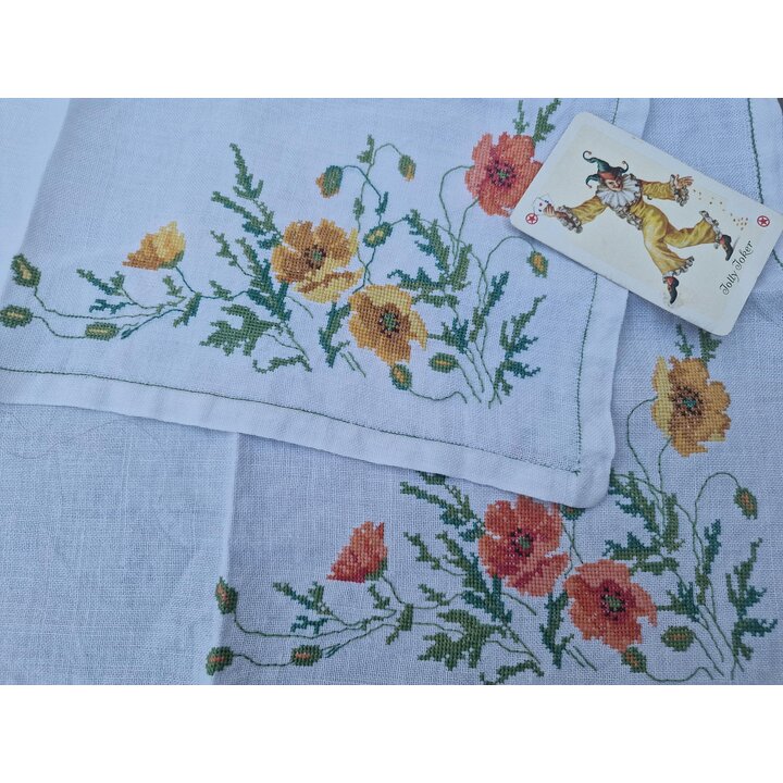 Linen Napkins with Hand Cross Stitch Poppy Embroidery, Vintage Table Placemats, Set of 2, 45x33 cm