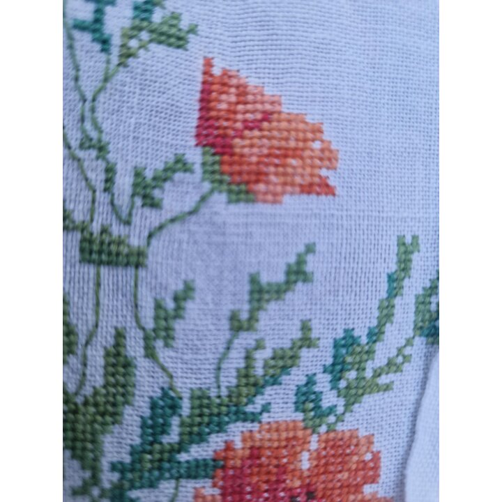 Leinen Servietten mit Hand gesticktem Mohnblumen Kreuzstich Motiv, Vintage Tischsets 2er Set, 45x33 cm