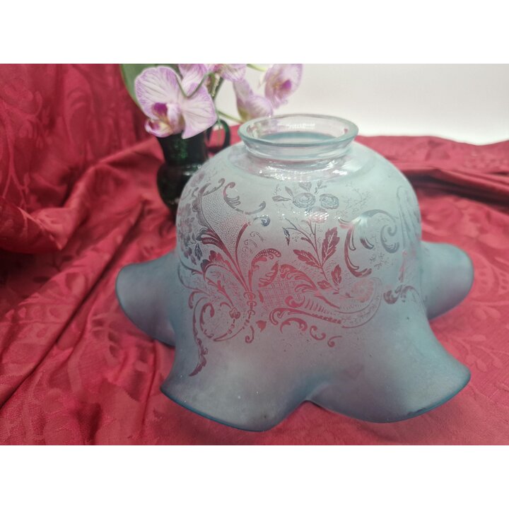 Lampenschirm Glas Blau Mattiert mit Wellenrand Säuregeätzt Blumenmuster Glasglocke für Petroleumlampe Wandlampe Hängelampe