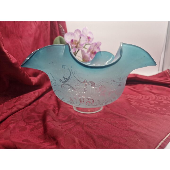 Glazen Lampenkap Blauw Gemateerd Glas Golvende Rand Met Zuur Geëtst Bloemenmotief voor Olielamp Hanglamp Wandlamp